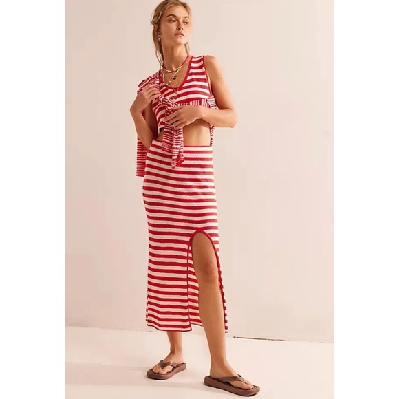 NWT Free People Bailey 3 Piece Sweater Set Skirt Top Terry Red White Stripe - Picture 1 of 14